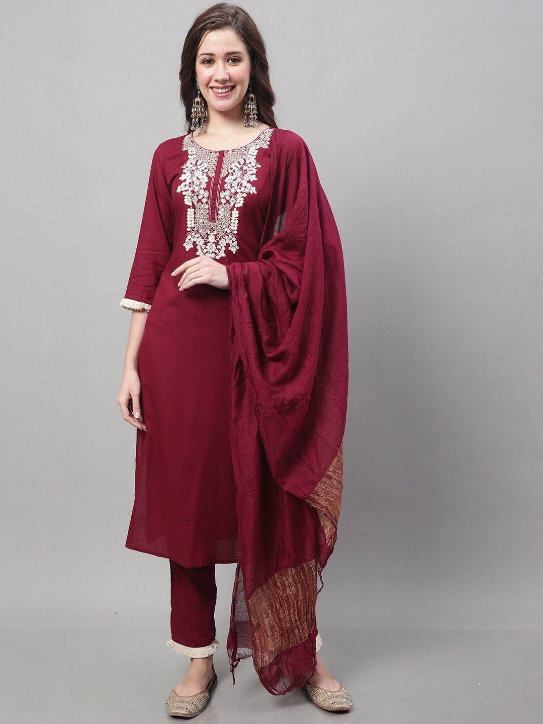 roly poly women maroon ethnic motifs yoke design regular thread work pure cotton kurti with trousers & with