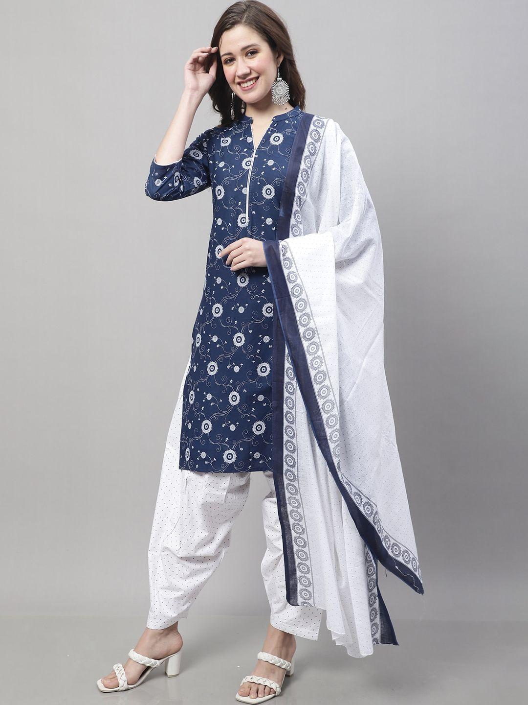 roly poly women navy blue ethnic motifs printed regular kurta with salwar & with dupatta