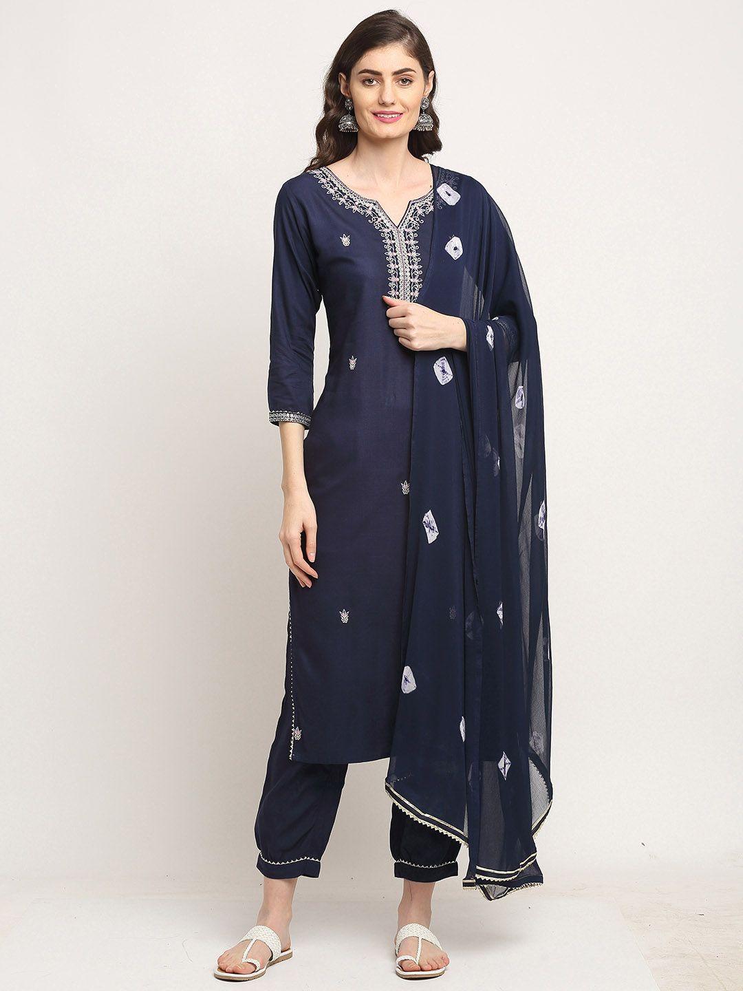 roly poly women navy blue floral embroidered thread work pure cotton kurta with trousers & with dupatta