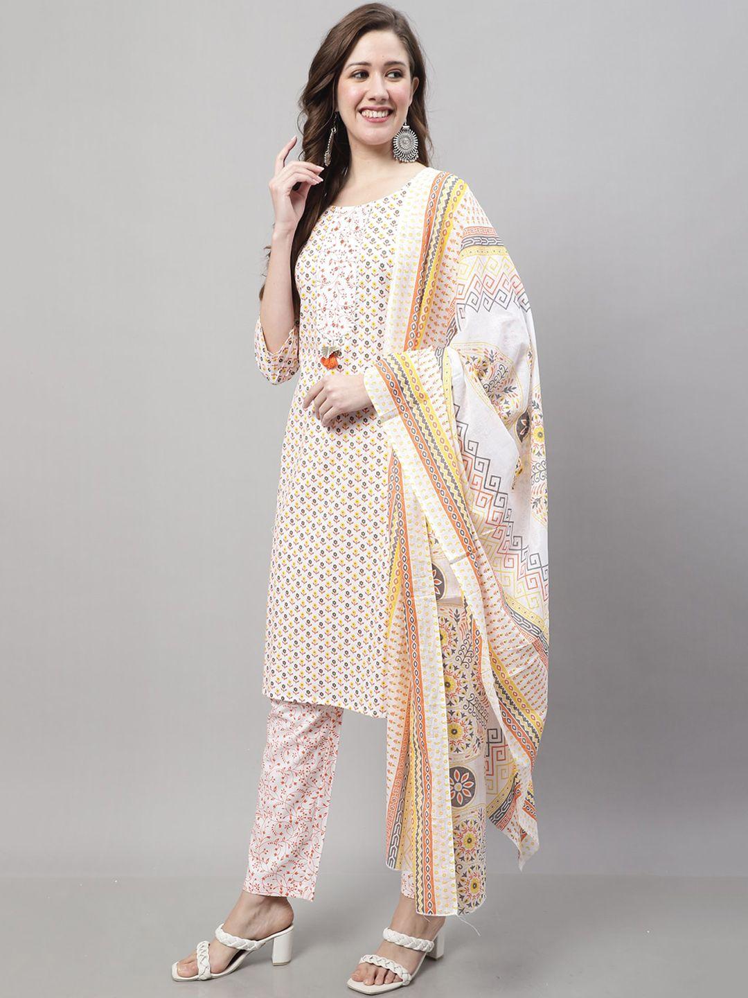 roly poly women off white ethnic motifs embroidered regular thread work pure cotton kurti with trousers &