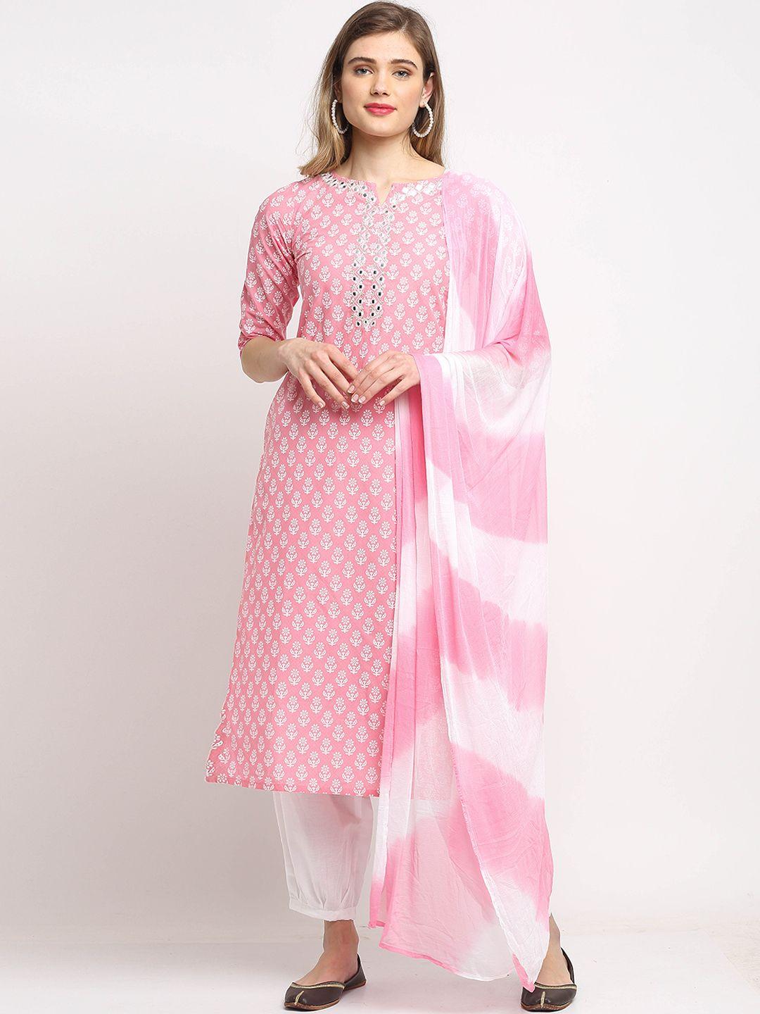 roly poly women pink floral printed mirror work pure cotton kurta with trousers & with dupatta