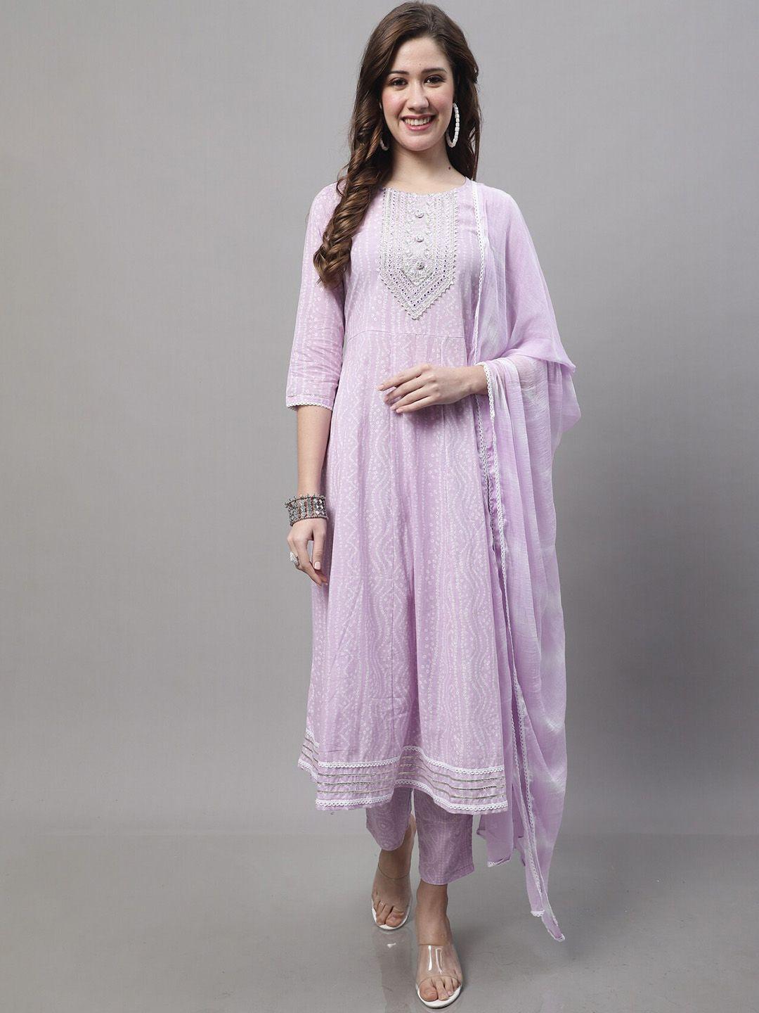 roly poly women purple bandhani printed regular gotta patti pure cotton kurta with trousers & with dupatta