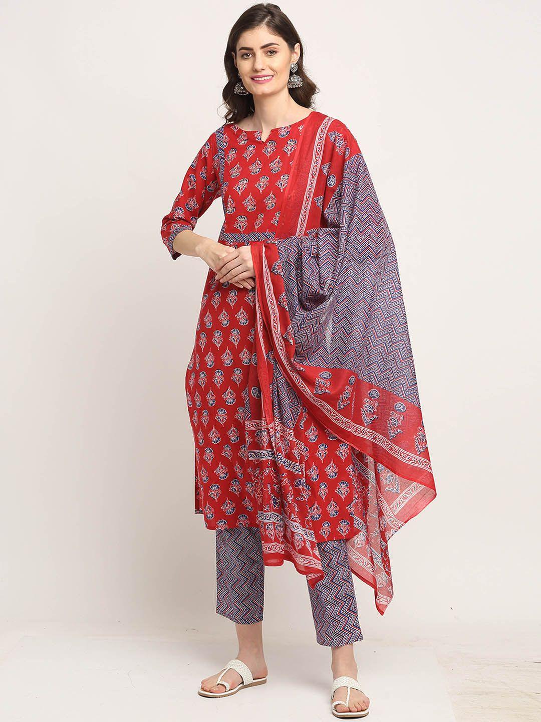 roly poly women red floral printed pure cotton kurta with trousers & with dupatta