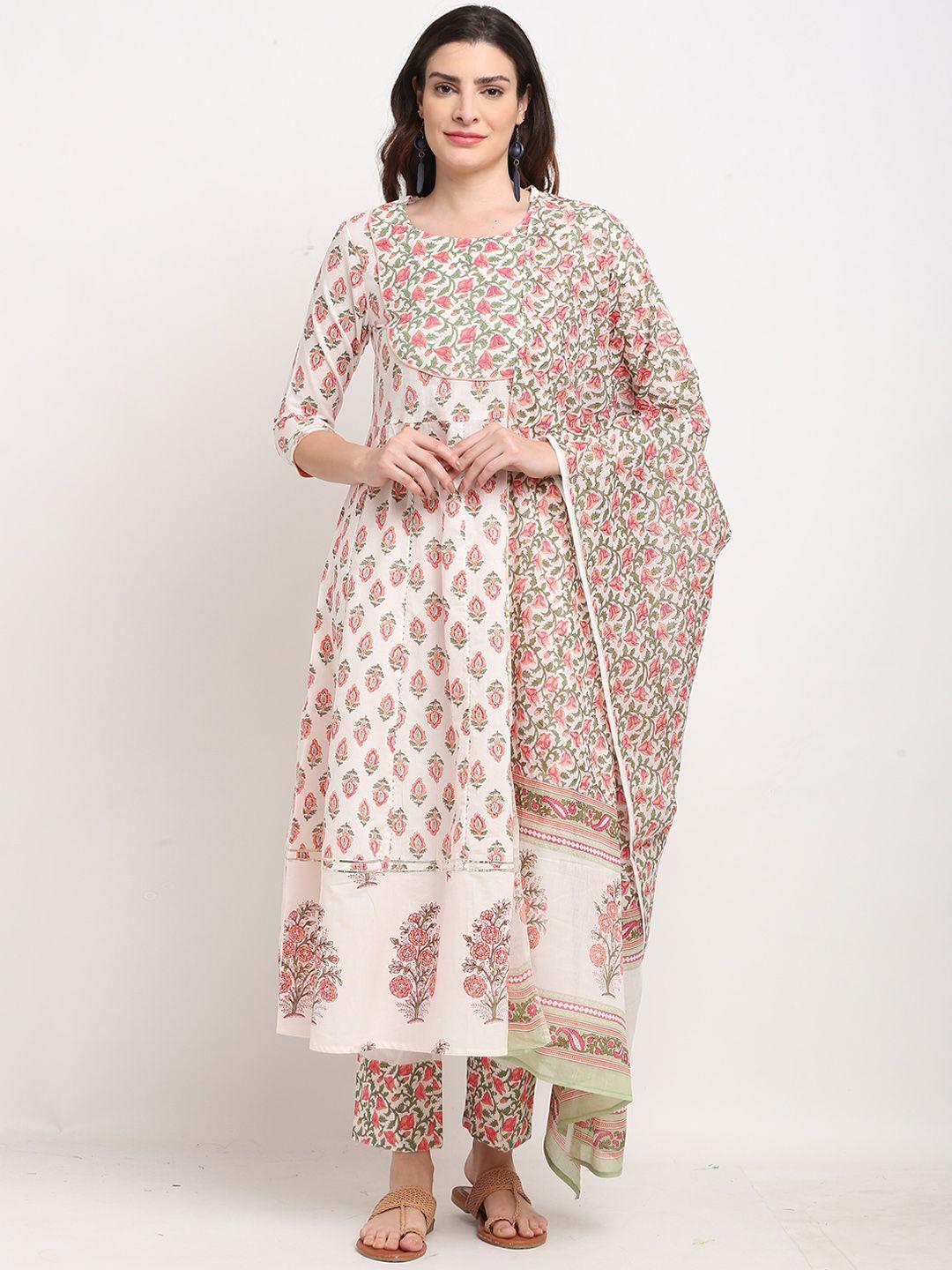 roly poly women white floral printed regular thread work pure cotton kurti with trousers & with dupatta