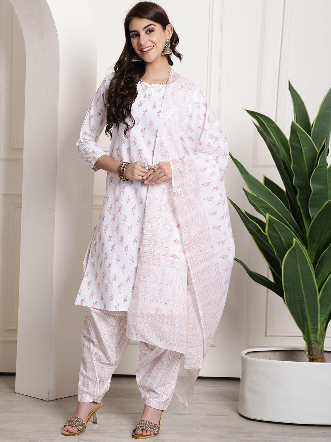 roly poly women white printed regular kurta with salwar & with dupatta