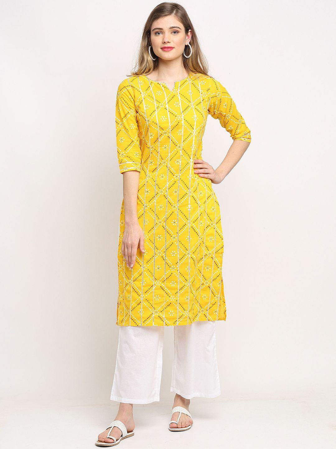 roly poly women yellow ethnic motifs printed gotta patti pure cotton kurta with palazzos