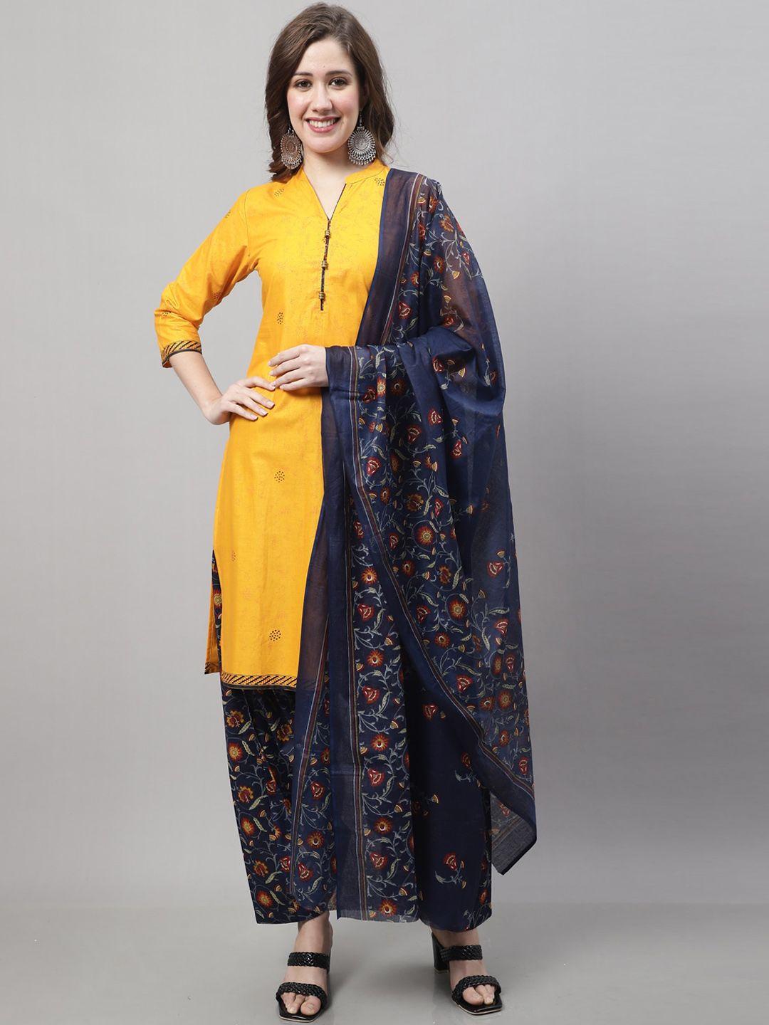 roly poly women yellow ethnic motifs printed regular kurta with salwar & with dupatta
