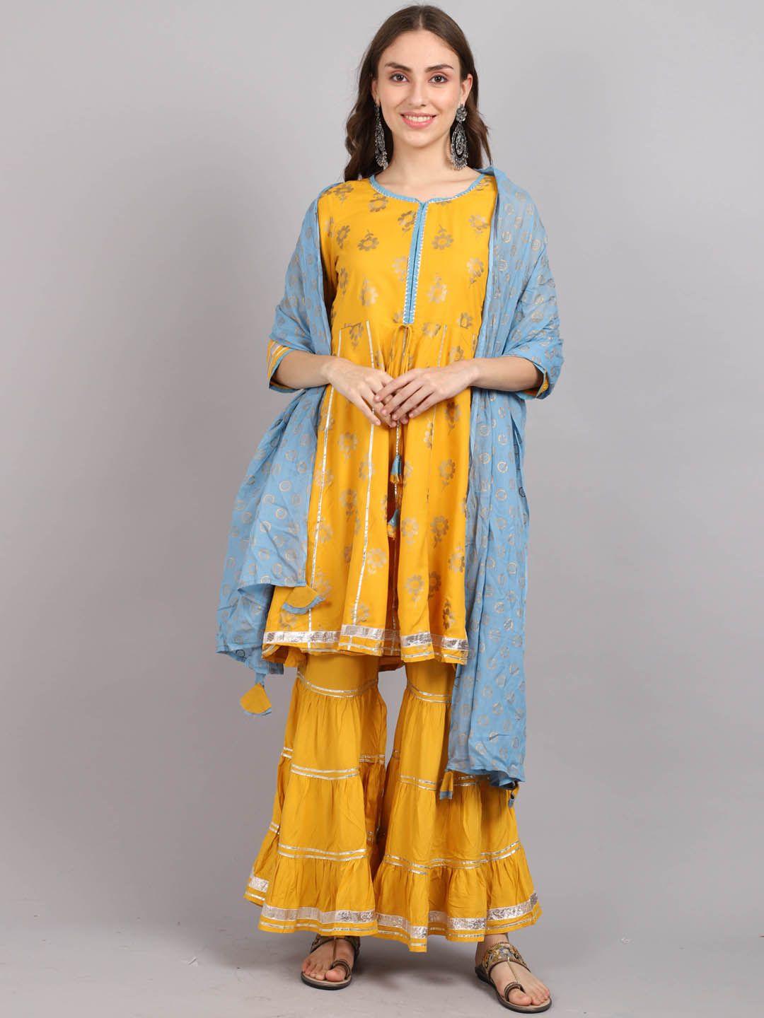 roly poly women yellow floral printed printed gotta patti pure cotton kurta set