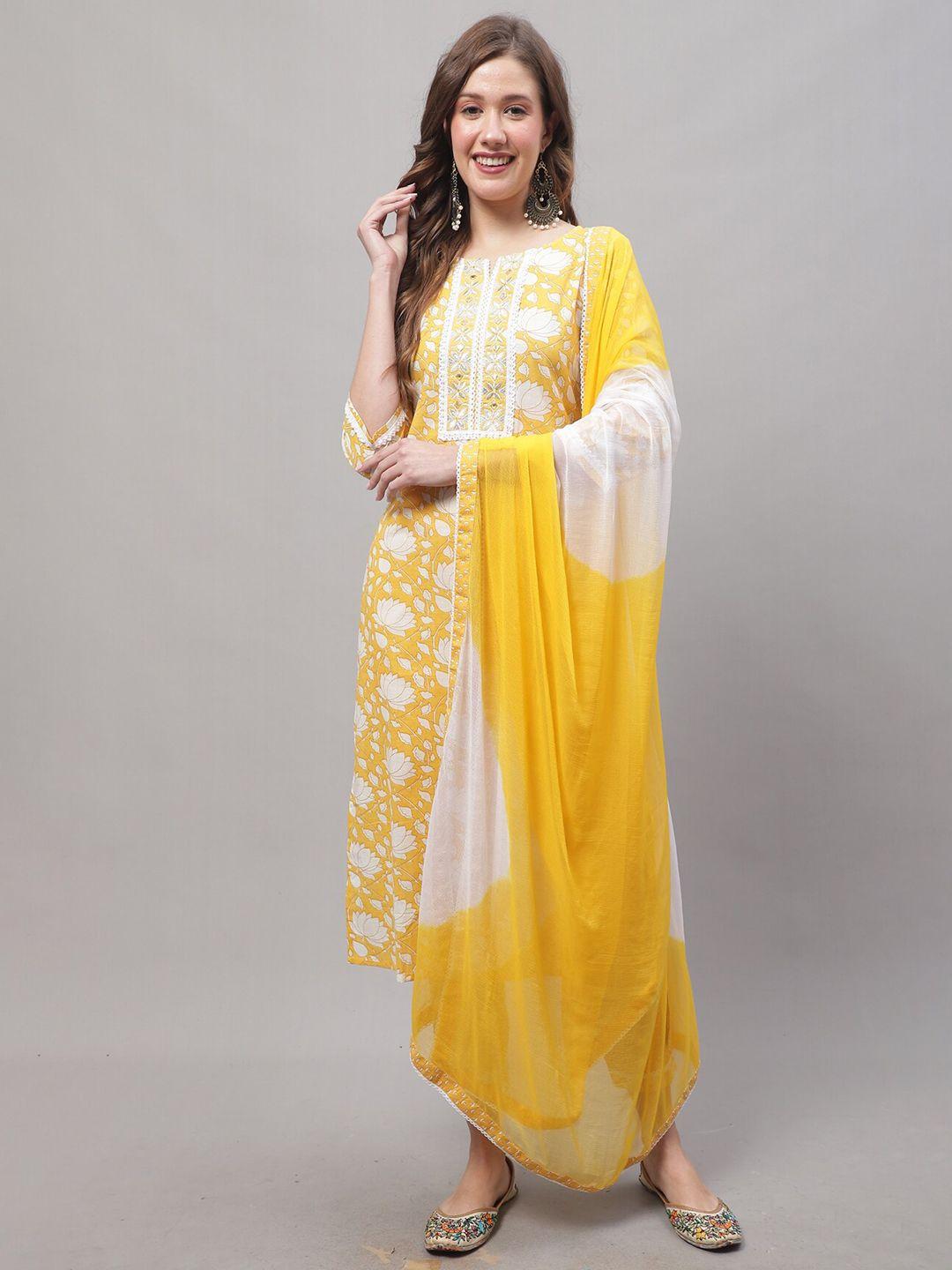 roly poly women yellow floral printed regular thread work pure cotton kurta with trousers & with dupatta