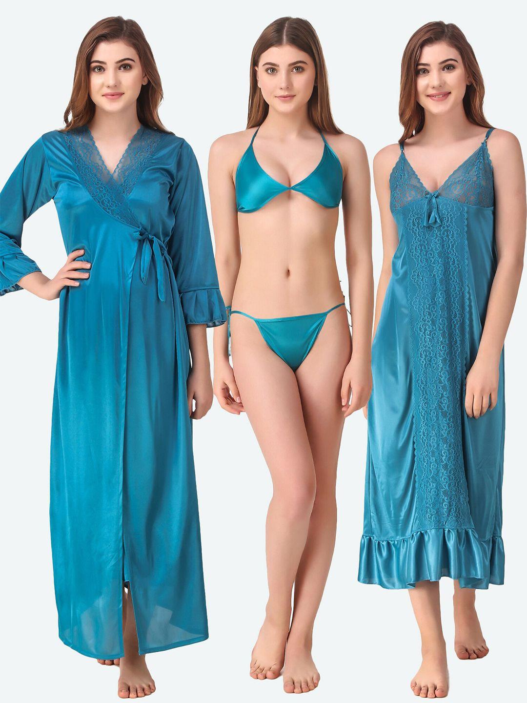 romaisa blue maxi satin solid nightwear set
