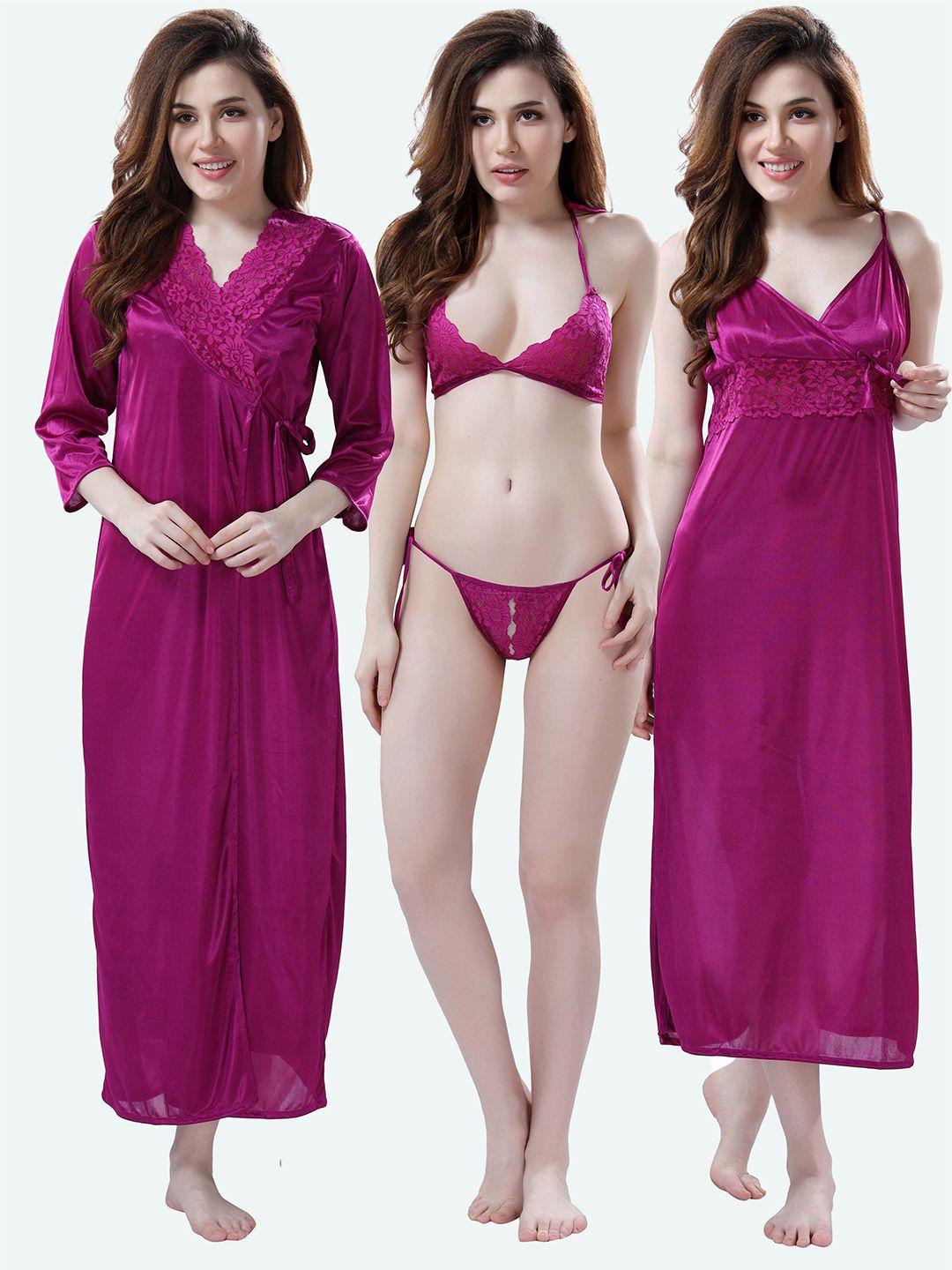 romaisa women magenta maxi nightdress set with lingerie set