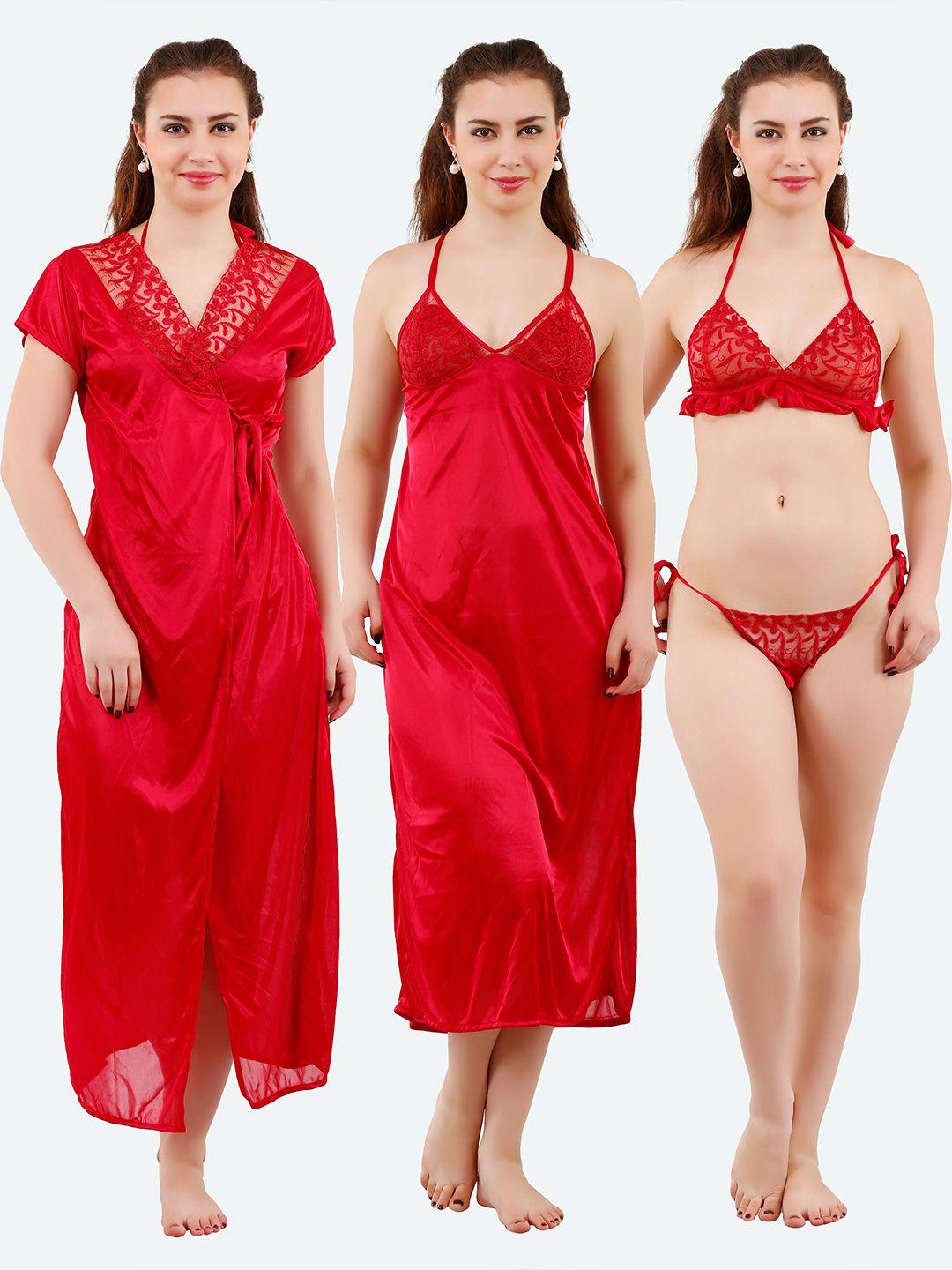 romaisa women maroon solid lace detail 4 piece satin maxi wrap nightdress