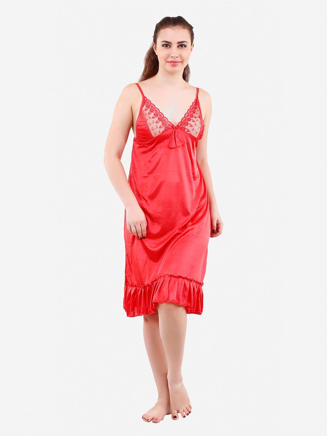 romaisa women red solid lace detail 2 piece satin maxi wrap nightdress
