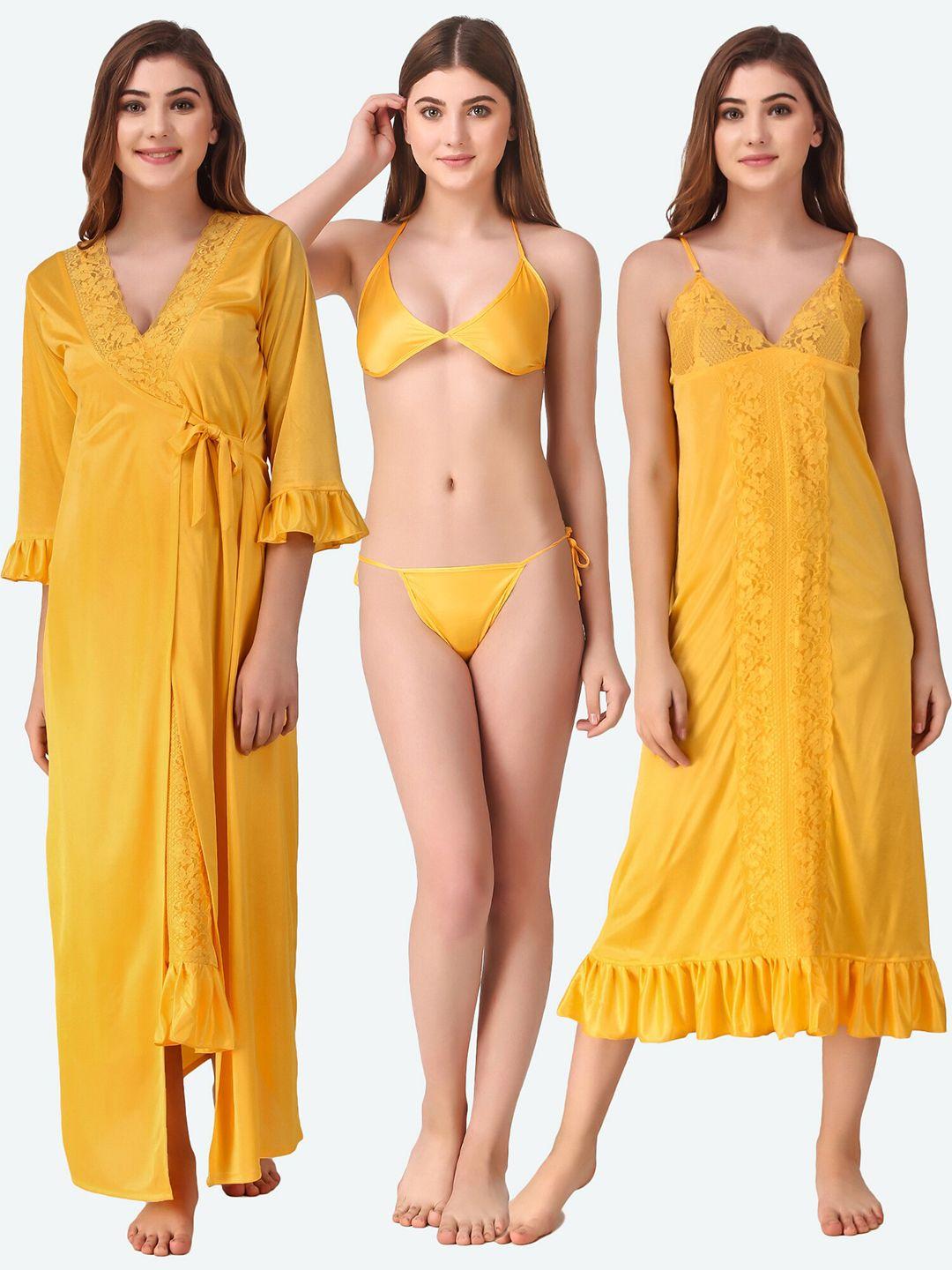 romaisa yellow satin solid nightwear set