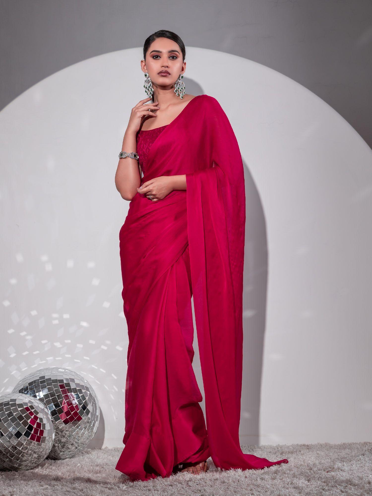 romantic crimson butter chiffon saree with embroidered unstitched blouse fabric
