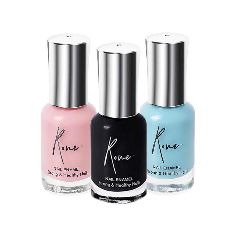 rome strong & healthy nail enamel set of 3 (turkish blue+ lucky pink+ midnight black)