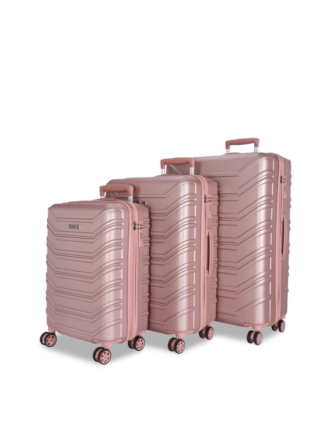 romeing monopoli set of 3 rose gold textured hard sided polycarbonate trolley suitcase