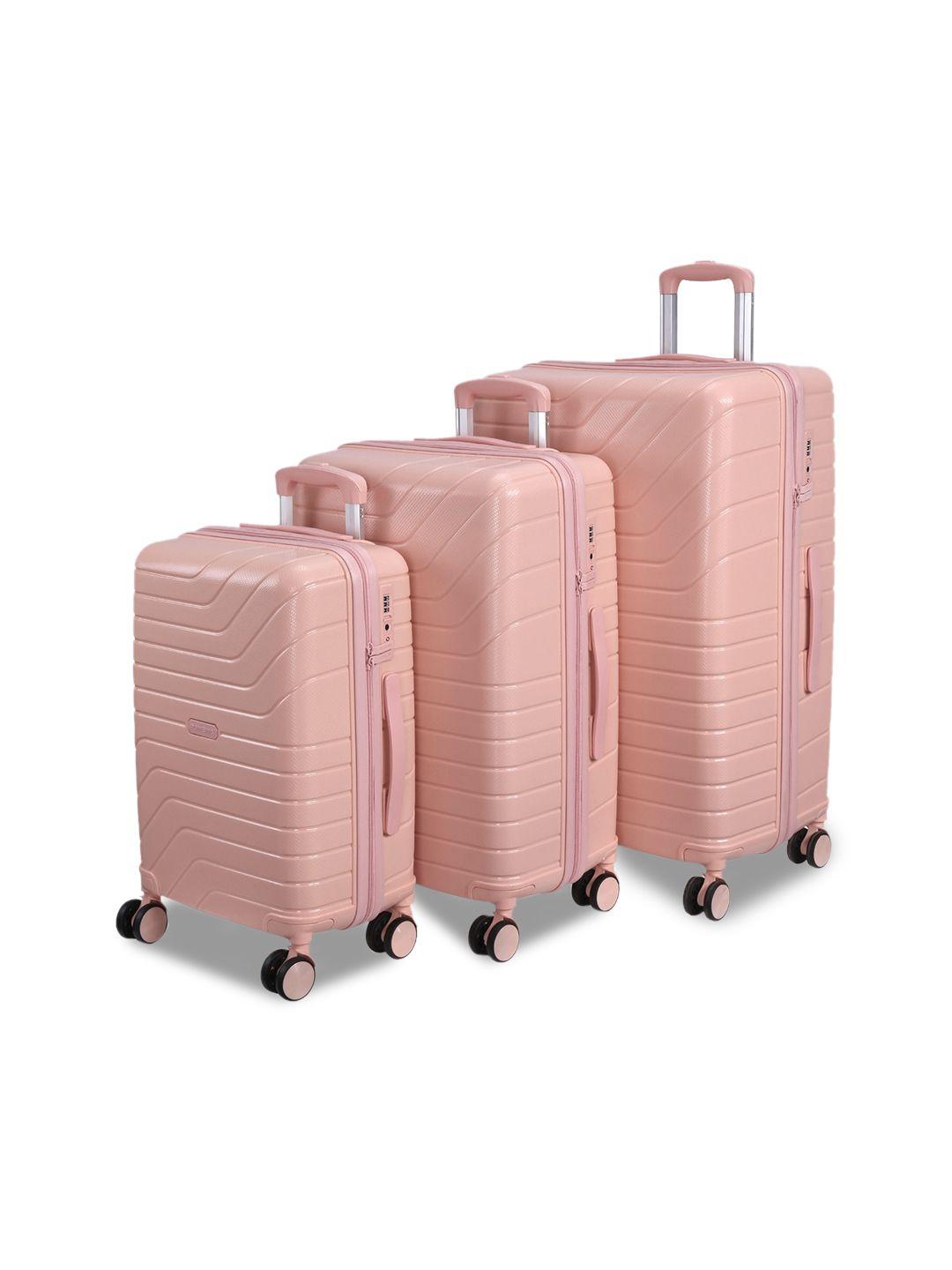 romeing tuscany set of 3 pink textured hard-sided polypropylene trolley suitcases