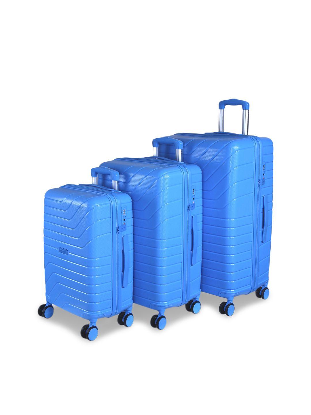 romeing tuscany set of 3 sky blue textured polypropylene hard-sided trolley suitcases