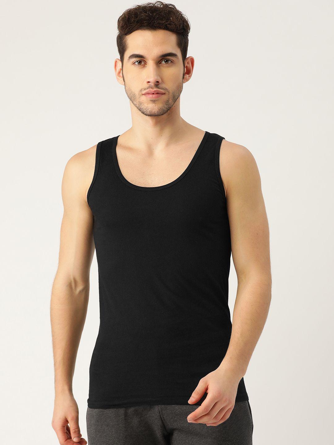 romeo rossi men black solid combed cotton innerwear vest