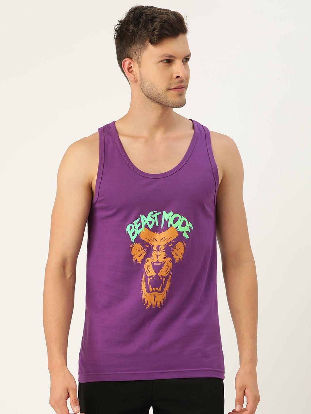 romeo rossi men purple & green printed pure cotton gym vest