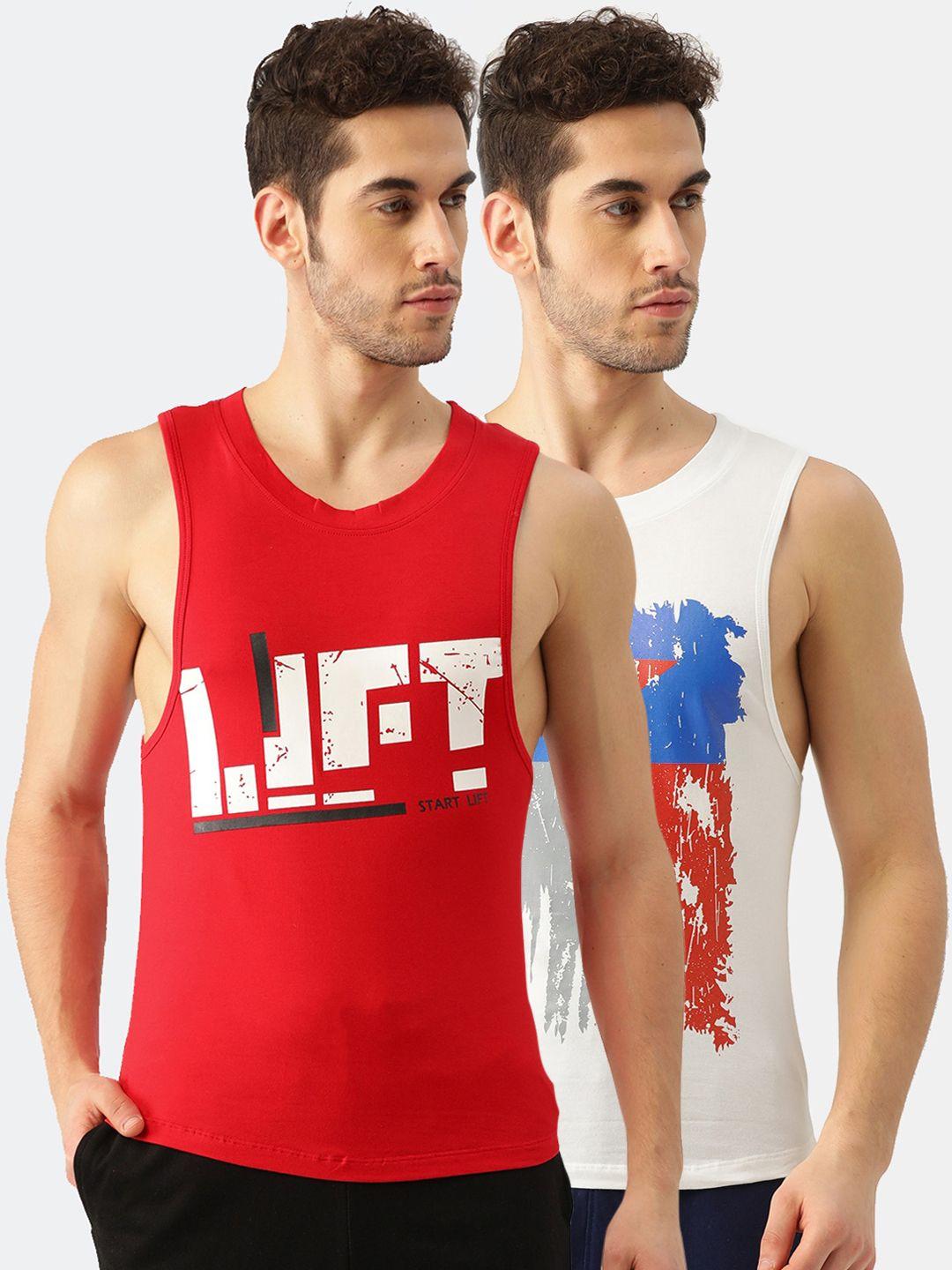 romeo rossi men red & white pack of 2 printed gym vest