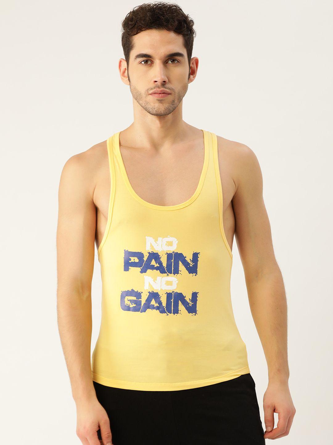 romeo rossi men yellow & navy blue printed scoop neck gym t-shirt