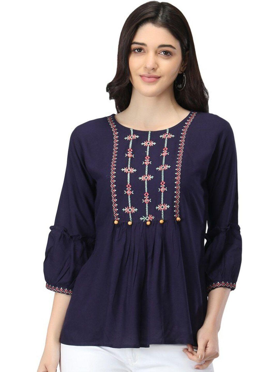 roopwati fashion navy blue floral embroidered empire top