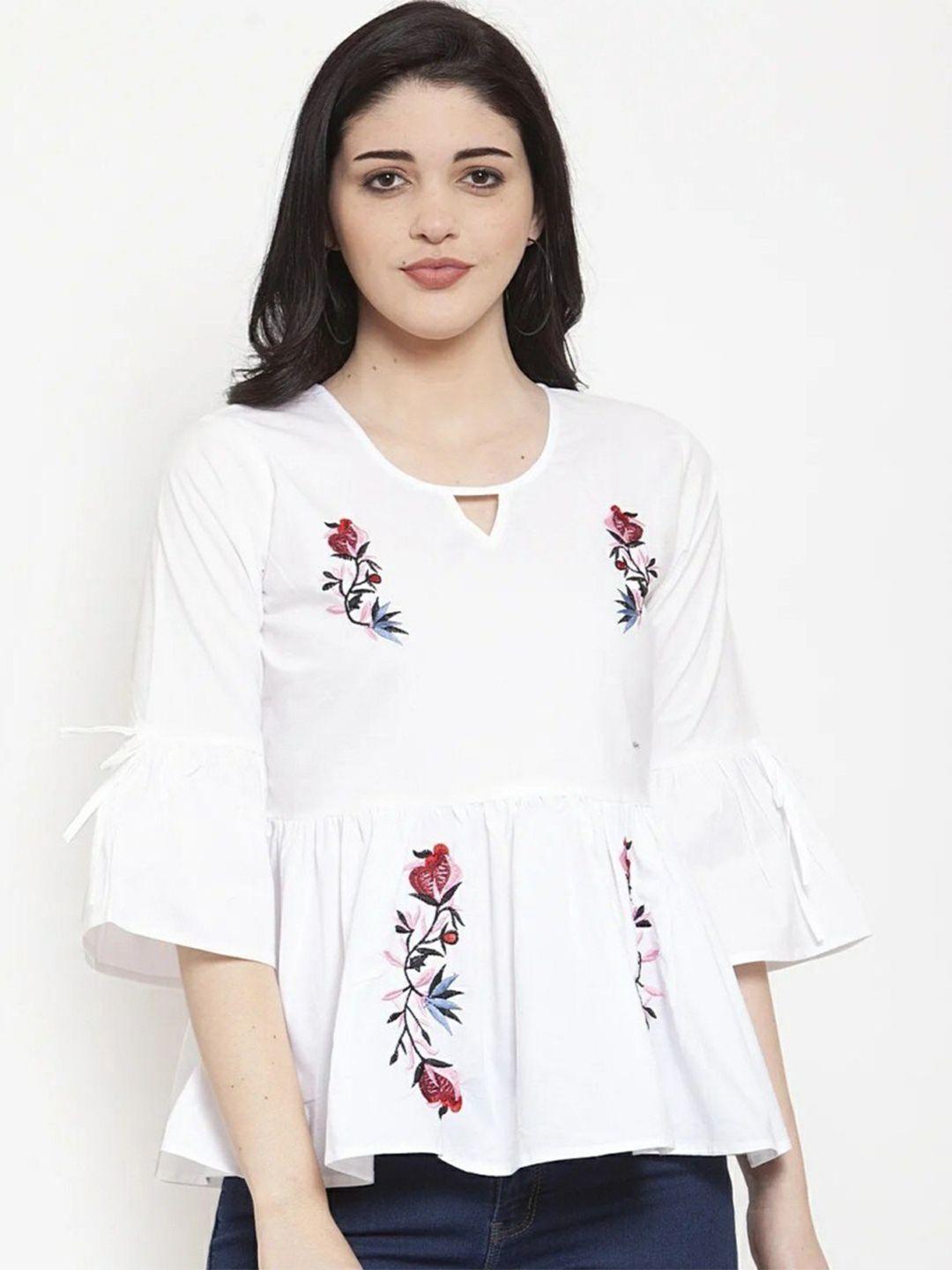 roopwati fashion floral embroidered keyhole neck bell sleeves cotton peplum top
