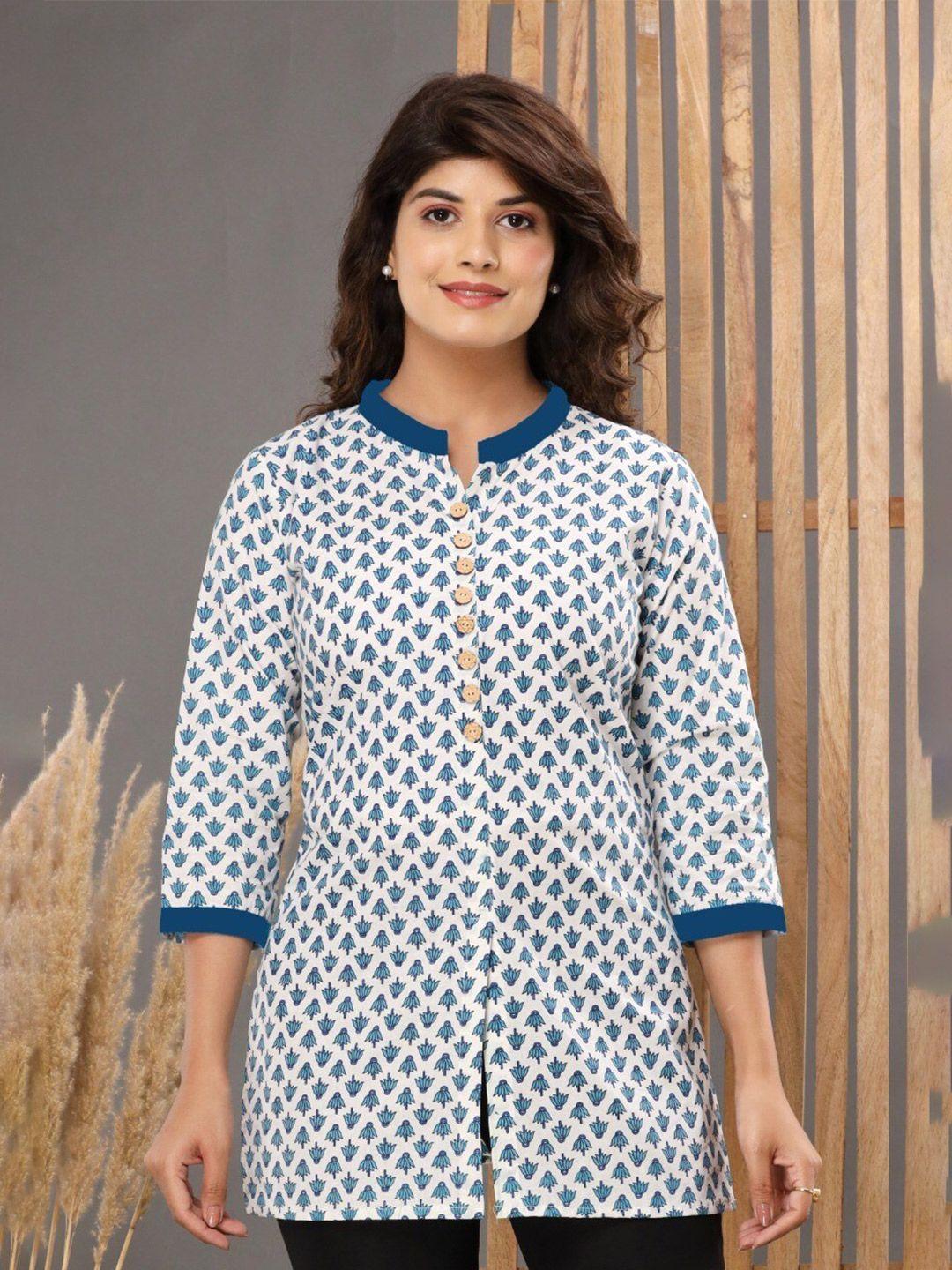 roopwati fashion white & blue mandarin collar printed tunic