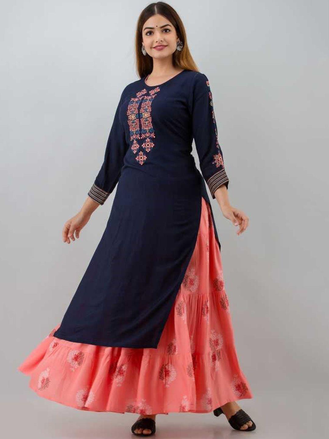 roopwati fashion women navy blue embroidered panelled thread work kurti with skirt & with dupatta