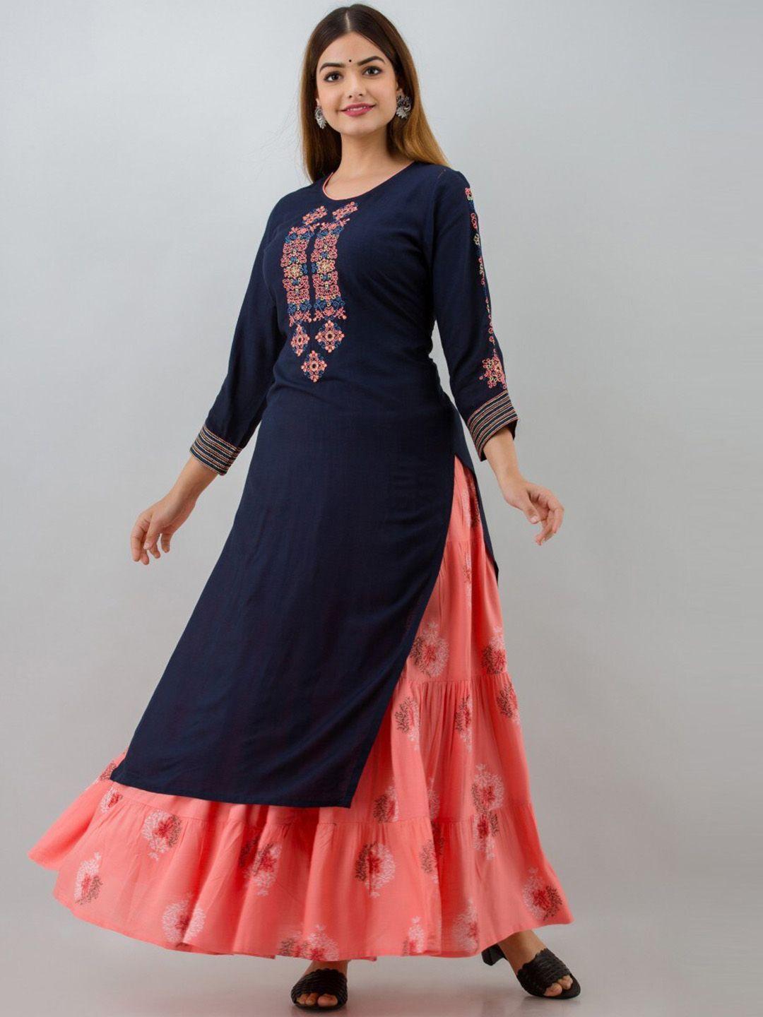 roopwati fashion women navy blue floral embroidered kurta with skirt