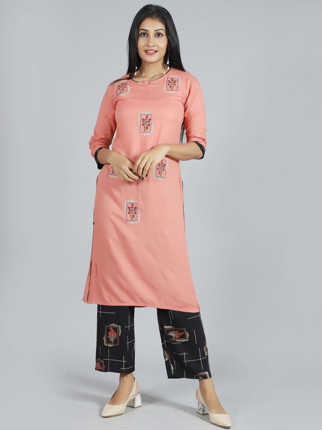 roopwati fashion women pink & black embroidered straight kurta with palazzos