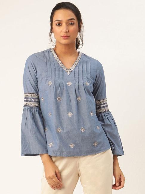 rooted denim blue embroidered top