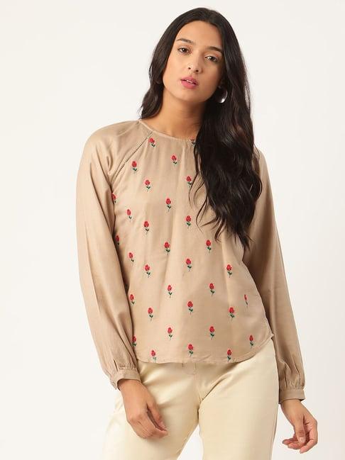 rooted dune grey embroidered top
