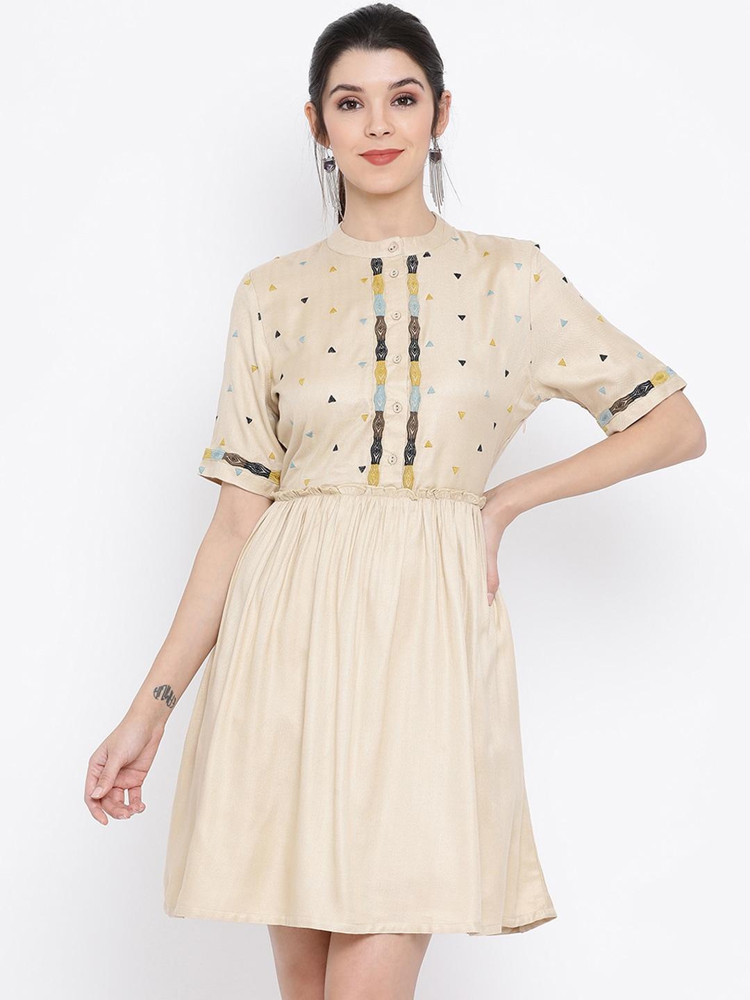 rooted women beige self design fit and flare dress