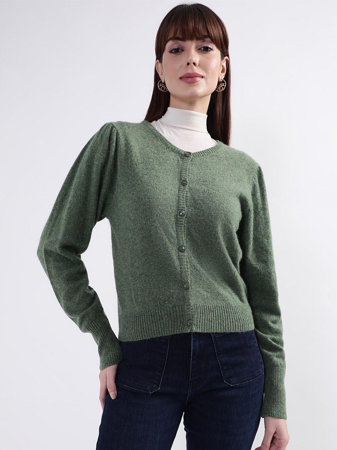 rooted women green solid cardigan