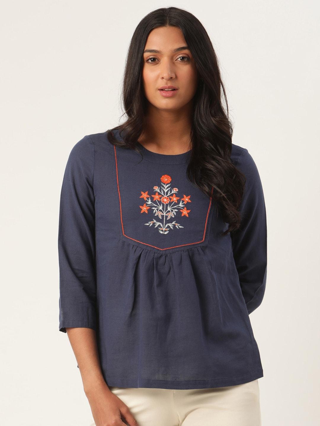 rooted women navy blue embroidered top