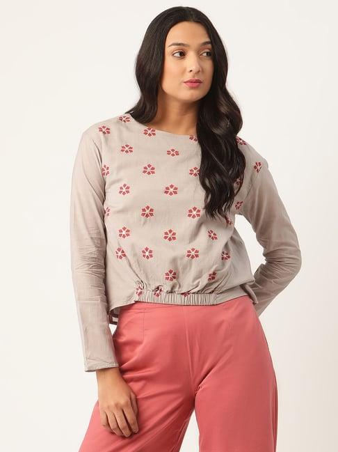 rooted ash grey printed top