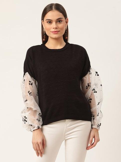 rooted black self design round neck sweater