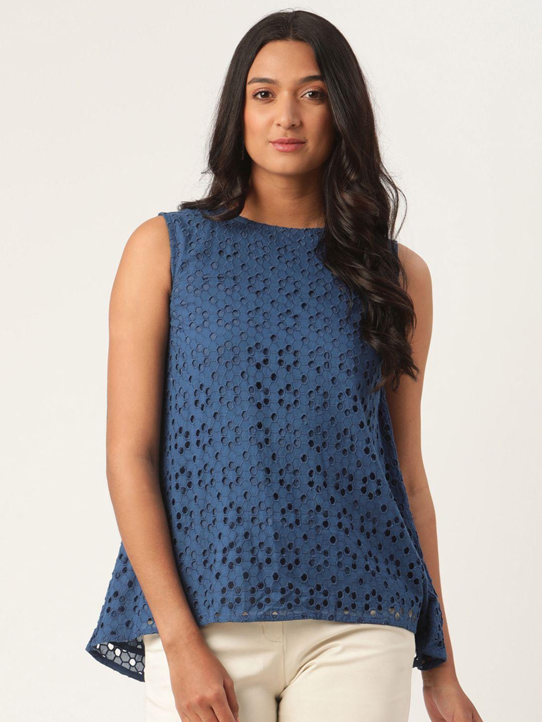 rooted blue geometric embroidered regular top