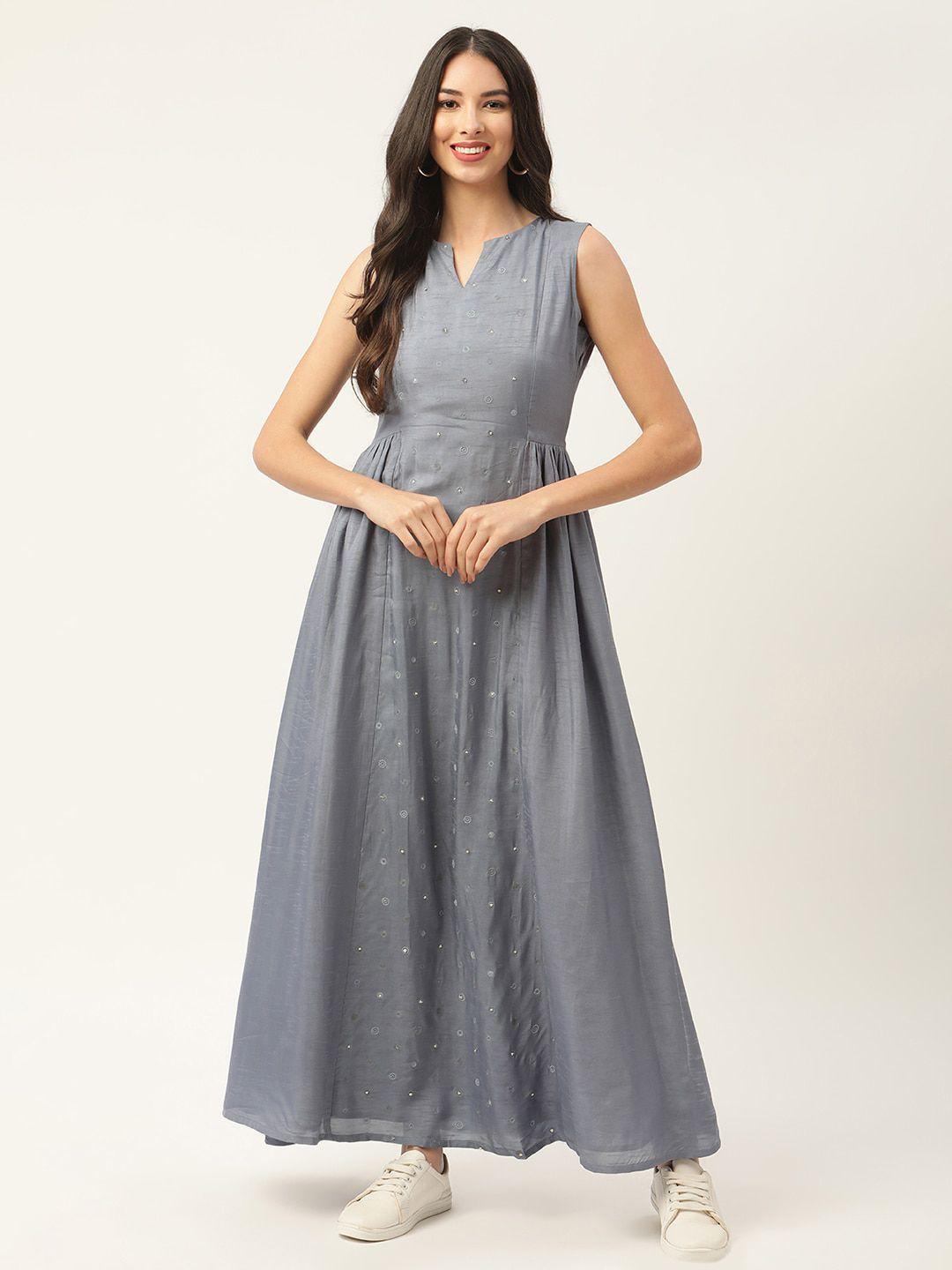 rooted grey embellished embroidered fit & flared maxi dress