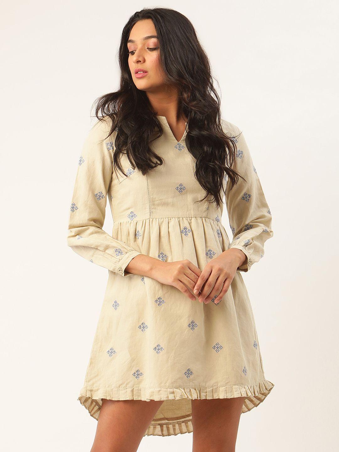 rooted women beige printed linen fit and flare dress