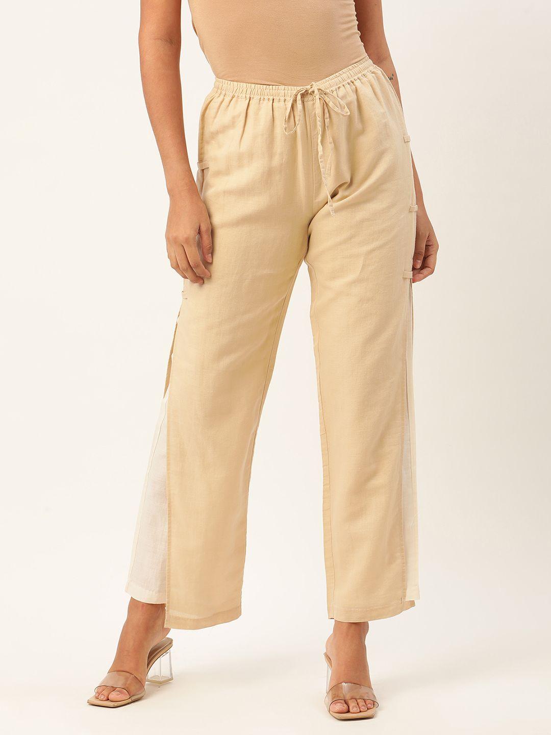 rooted women beige regular fit solid regular trousers