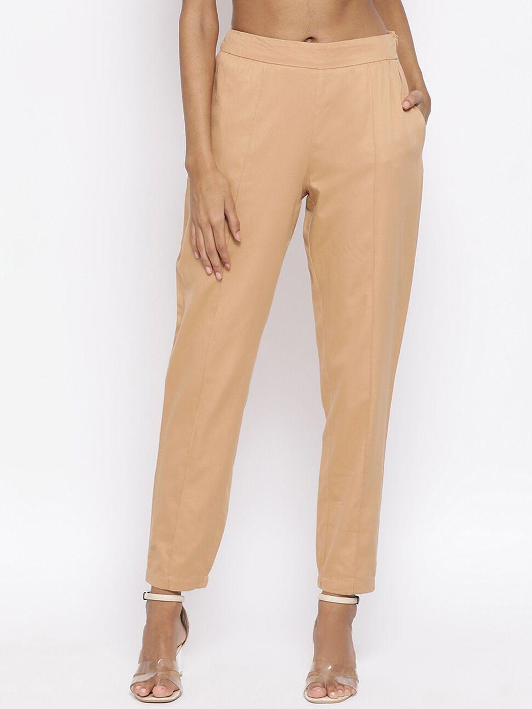 rooted women beige regular fit solid regular trousers