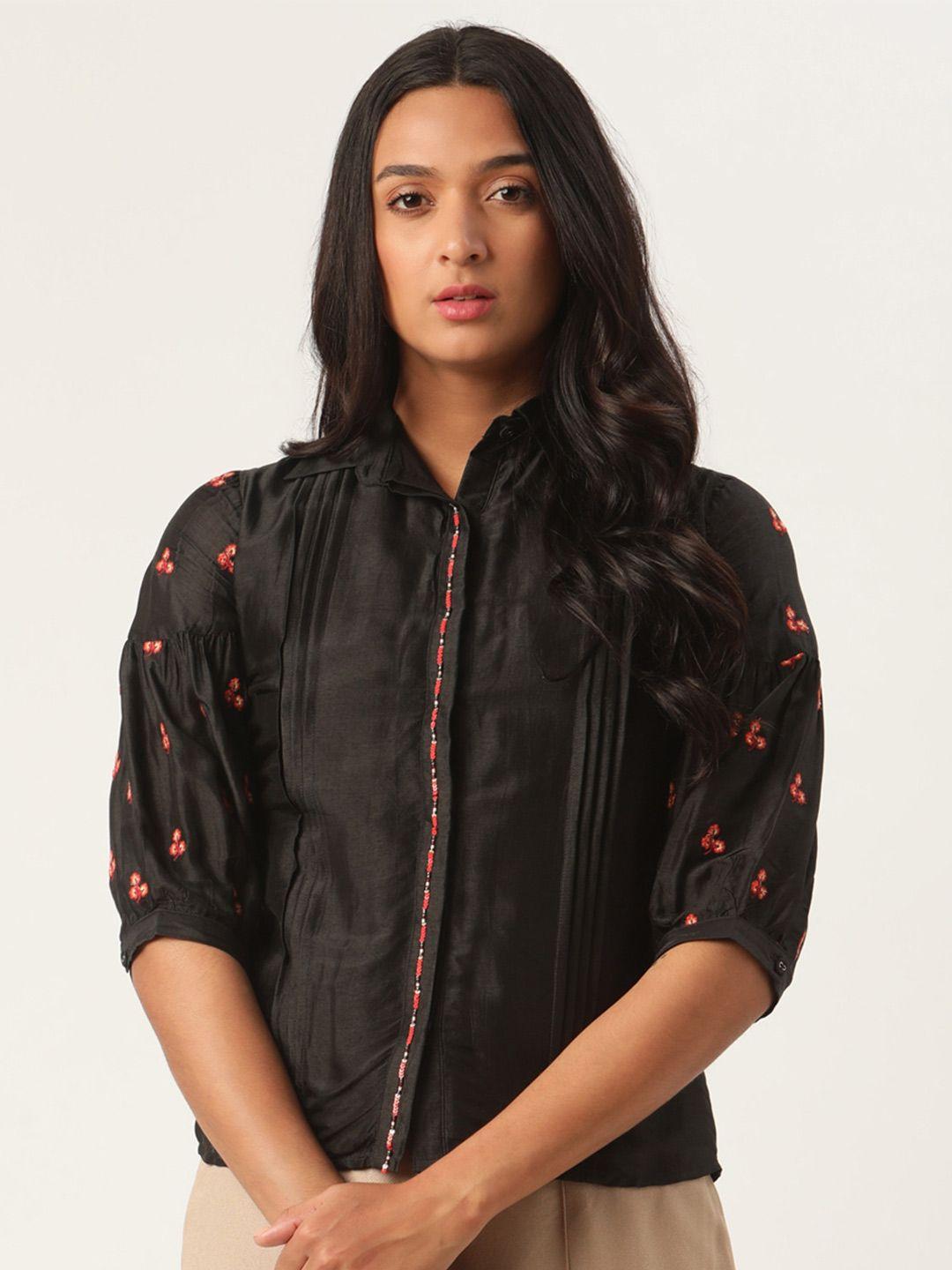 rooted women black & red mandarin collar embroidered puff sleeve shirt style top