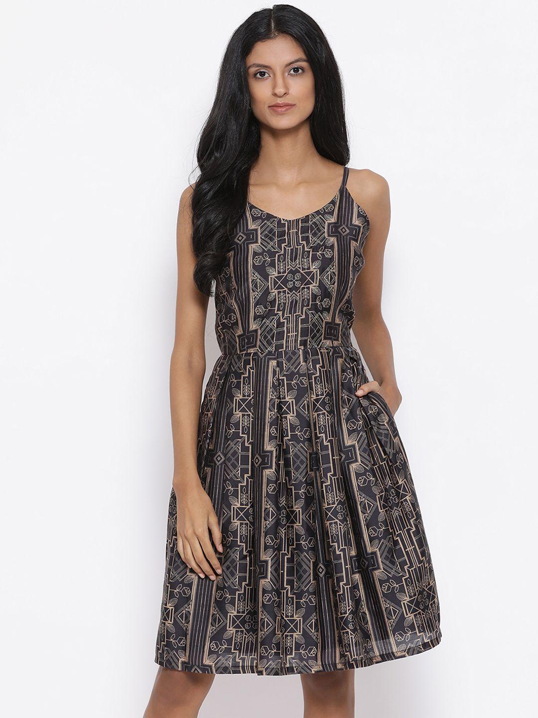 rooted women black embroidered fit and flare dress