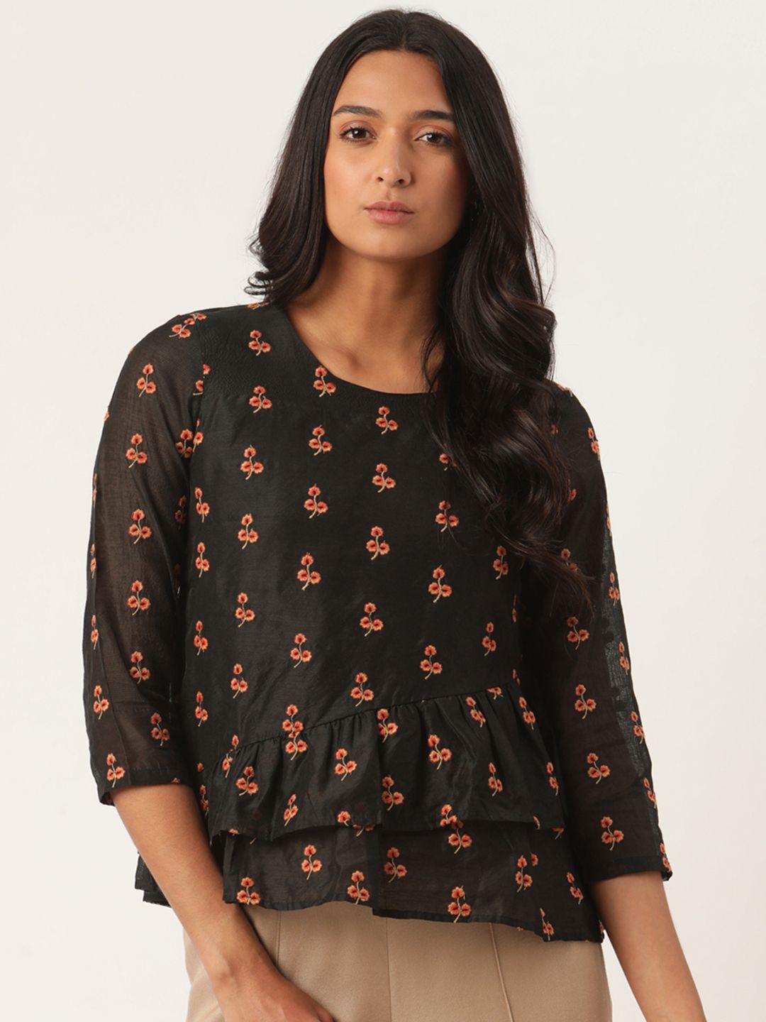 rooted women black floral printed top