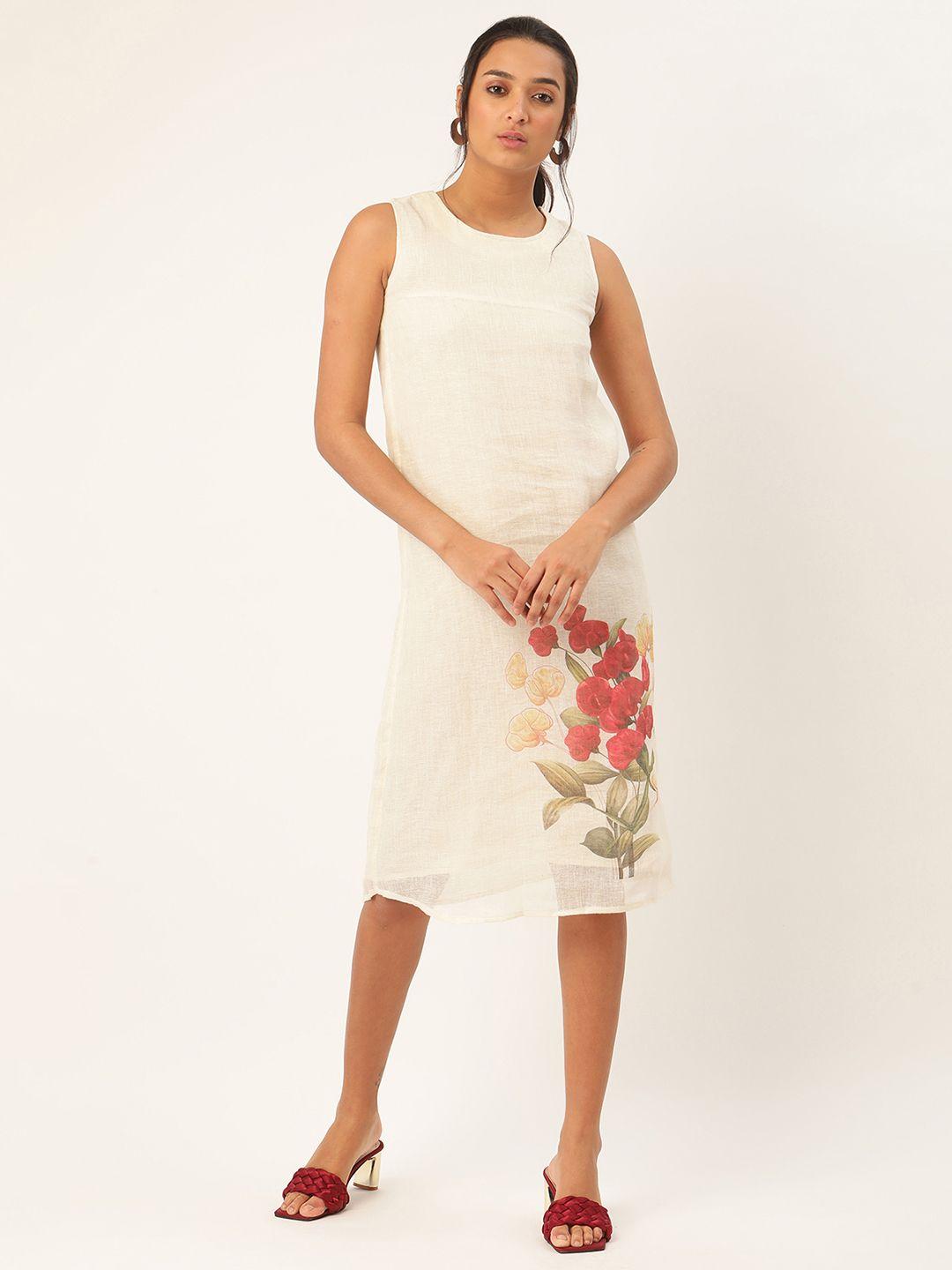 rooted women cream-coloured & pink printed fit and flare dress