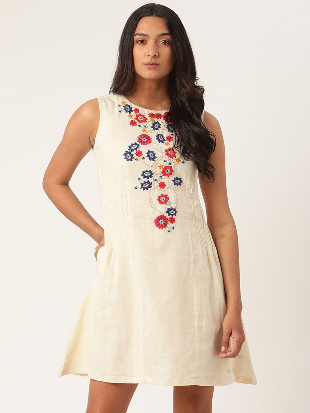 rooted women cream-coloured embroidered a-line dress